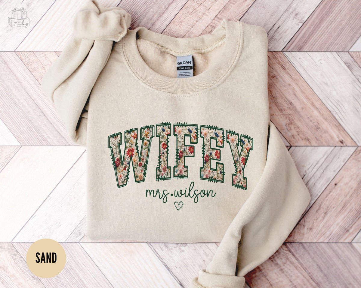 Personalized Wifey Mrs Sweatshirt New Bride Shirt Custom Bridal Shower GiftFloral Honeymoon CrewneckFiance SweaterGetting Ready Outfit Sweatshirt – Cozy Vibes · Trending Graphic Apparel
