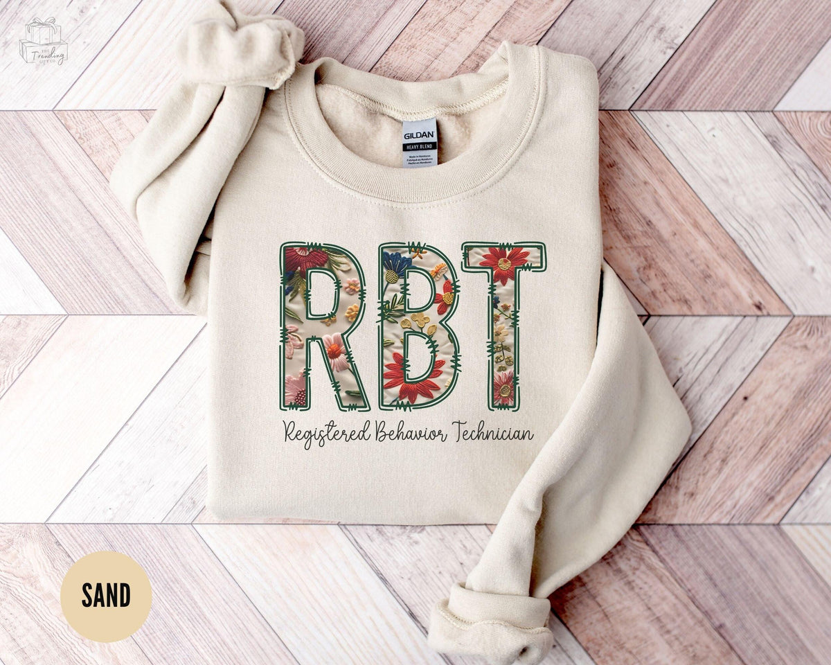 RBT Registered Behavior Technician Sweatshirt Floral Behavior Analyst Gift Cute Aba Therapist Sweater Cute Fall Faux Embroidery Crewneck Sweatshirt – Soft Feel · Perfect For Daily Wear