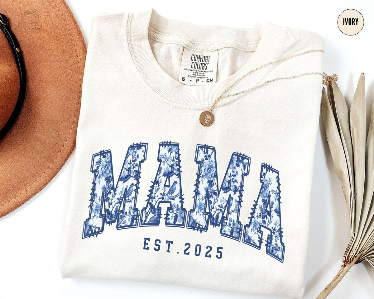 Mama Est Shirt Toile De Jouy Custom Mama Tshirt Personalized Mothers Day GuftNew Mom Baby Announcement Floral Mama Tee Graphic Tee – Fan Favorite · Perfect For Daily Wear