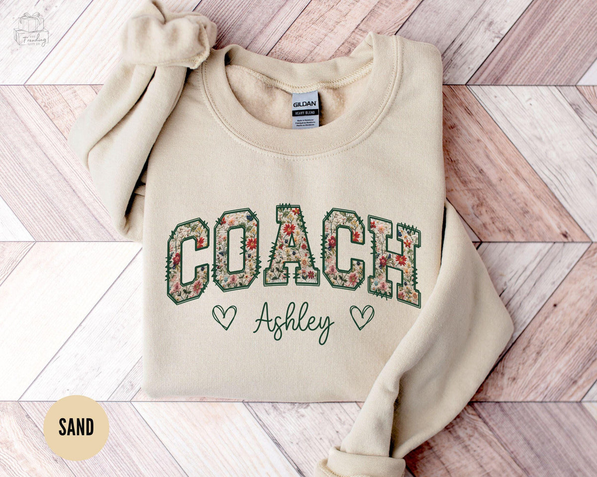 Personalized Coach Sweatshirt Custom Swim Coach GiftCheer Coach Sweater Floral Coach Name Shirt Gifts for Coach Game Day Crewneck Sweatshirt – Aesthetic Look · Great Gift For Fans