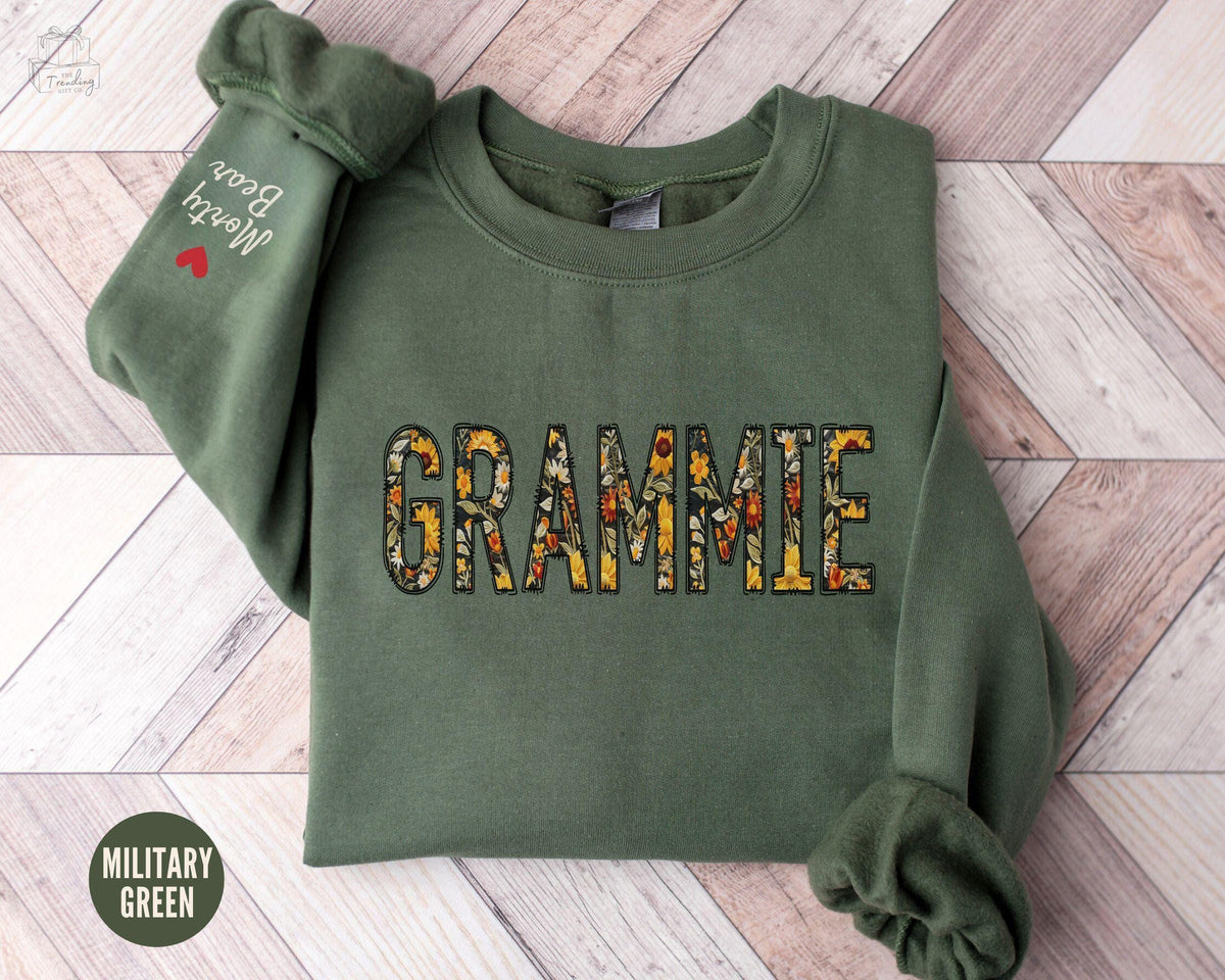 Custom Sunflower Grammie Sweatshirt Floral Grammy Gift Personalized Grandma Crewneck with Kids Names on Sleeve Granny Sweater Sweatshirt – Soft Feel · Must-Have Style