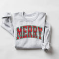 Varsity Merry Sweatshirt Christmas Sweatshirt Merry Sweatshirt Merry Crewneck Holiday Sweater Women Merry Shirt Plaid Christmas Sweatshirt – Soft Feel · Top Pick For Any Outfit