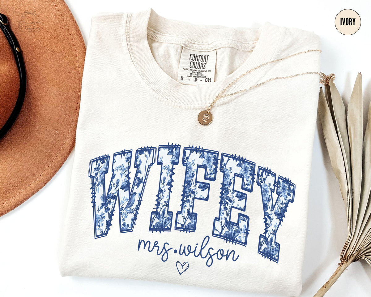 Personalized Wifey Shirt Mrs Shirt Wife TShirt Toile Du Jouy Bride To Be GiftCoquette Honeymoon T shirtShirt for Women Graphic Tee – Aesthetic Look · Perfect For Daily Wear