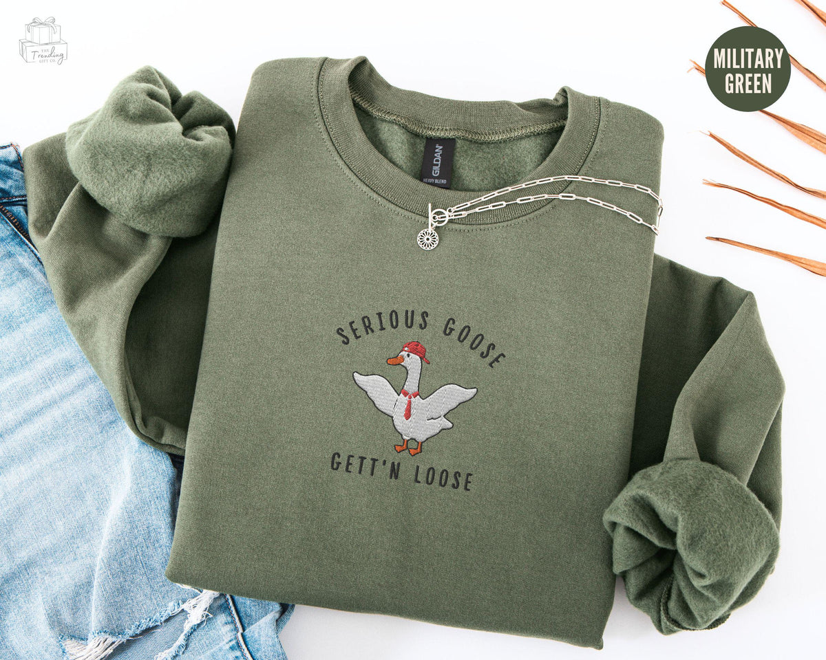 Embroidered Serious Goose Sweatshirt Silly Goose Meme Crewneck Goose Gift for Coworker Unisex Embroidered Crewneck Goose Sweater Sweatshirt – Bold Style · Perfect For Daily Wear