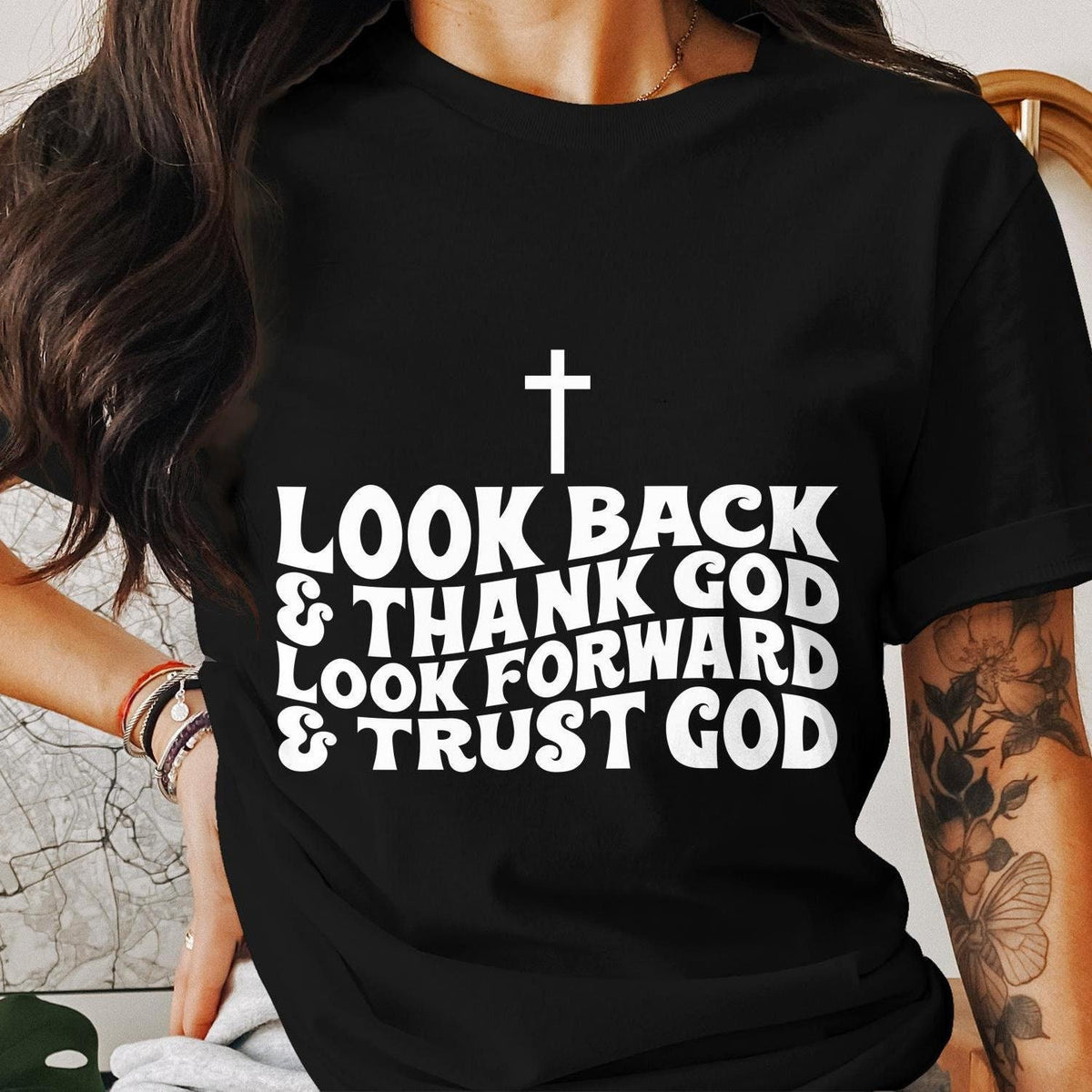 Christian Faith T Shirt Look Back and Thank God Tee Look Forward and Trust God Inspirational Quote Shirt Religious Graphic Tee Graphic Tee – Soft Feel · Must-Have Style