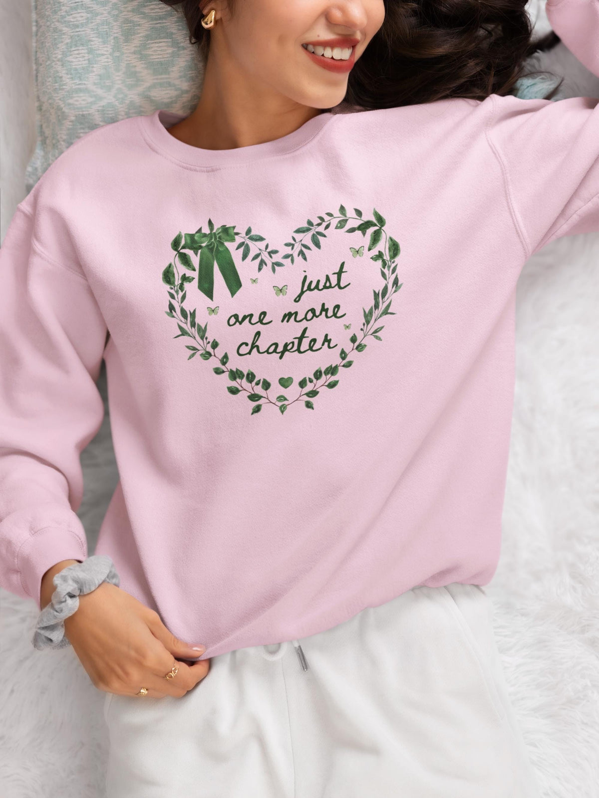 Cute Book Lover Sweatshirt with Boho Butterflies Just One More Chapter Adorable 90s Aesthetic Romance Reader Crewneck with Coquette Bow Sweatshirt – Cozy Vibes · Perfect For Daily Wear