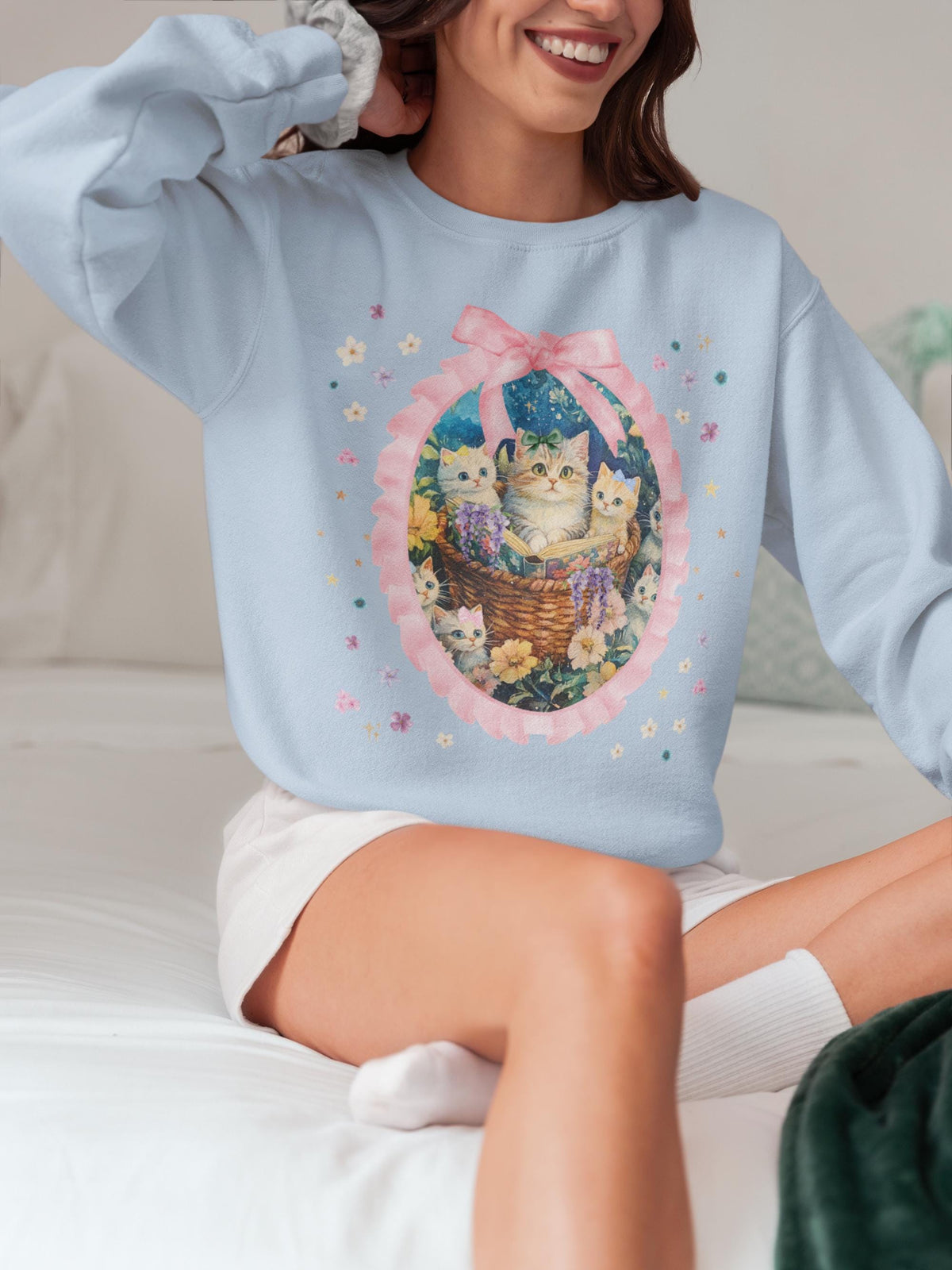 Floral Cat Mom Sweatshirt for Cat Lover or Cat Dad Who Loves Bows and Reading Books Soft Girl Style Nostalgic Reading Crewneck with Kittens Sweatshirt – Warm & Stylish · Great Gift For Fans