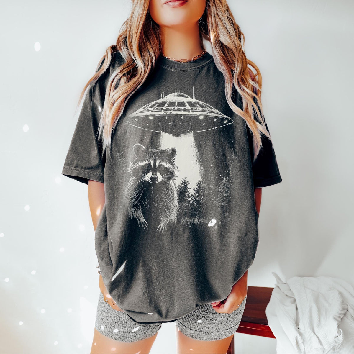 Raccoon UFO Retro Boho Tee Unisex Trendy Aesthetic Comfort Colors Shirt Oversized Graphic Tee Graphic Tee – Warm & Stylish · Trending Graphic Apparel