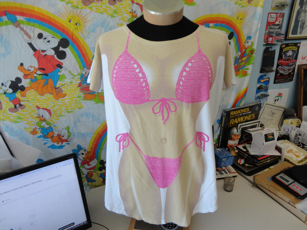 Vintage 9039s Bikini Pink Ocean Beach Cover Up White T Shirt Size XL Graphic Tee – Cozy Vibes · High-Quality Print