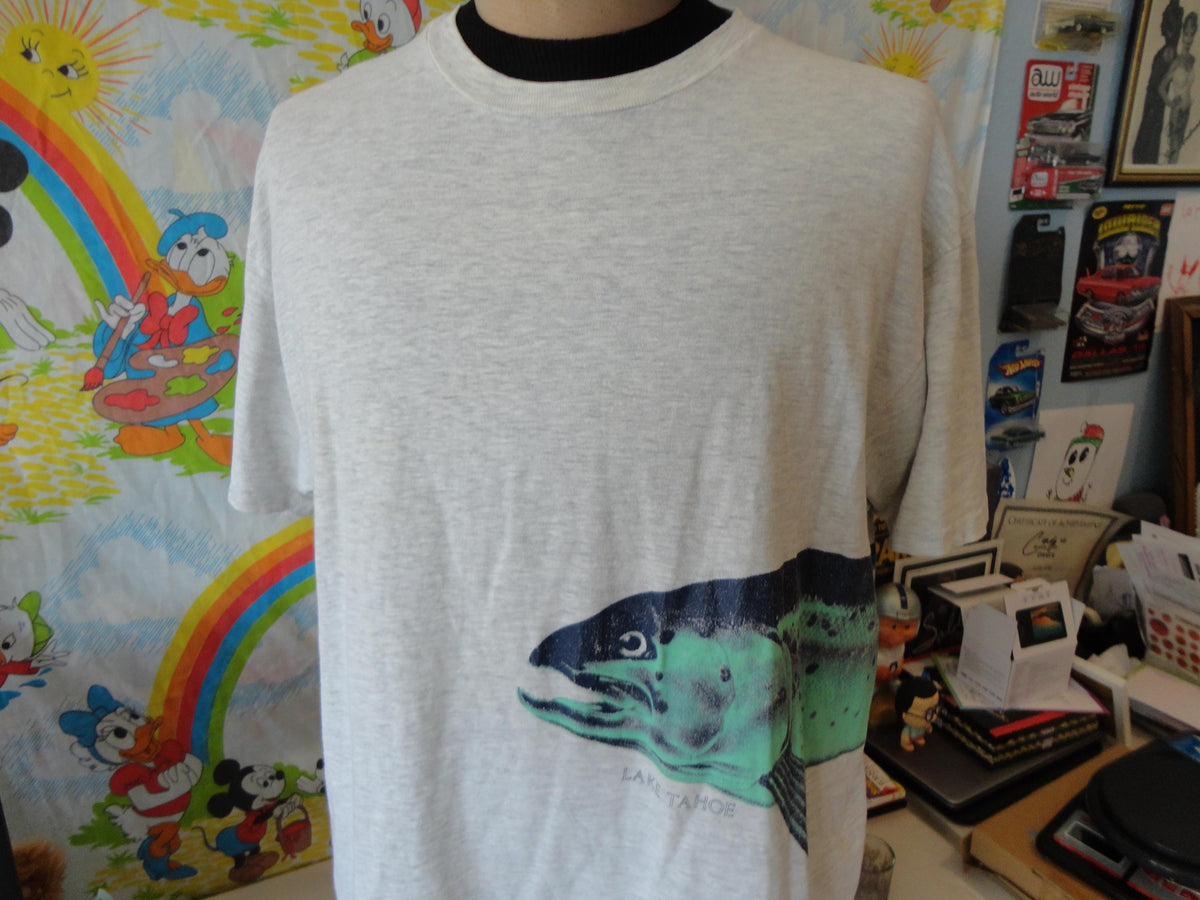 Vintage 90s Lake Tahoe Fish Tourist Fishing Wrap Around Graphic art T Shirt XL Graphic Tee – Bold Style · Top Pick For Any Outfit