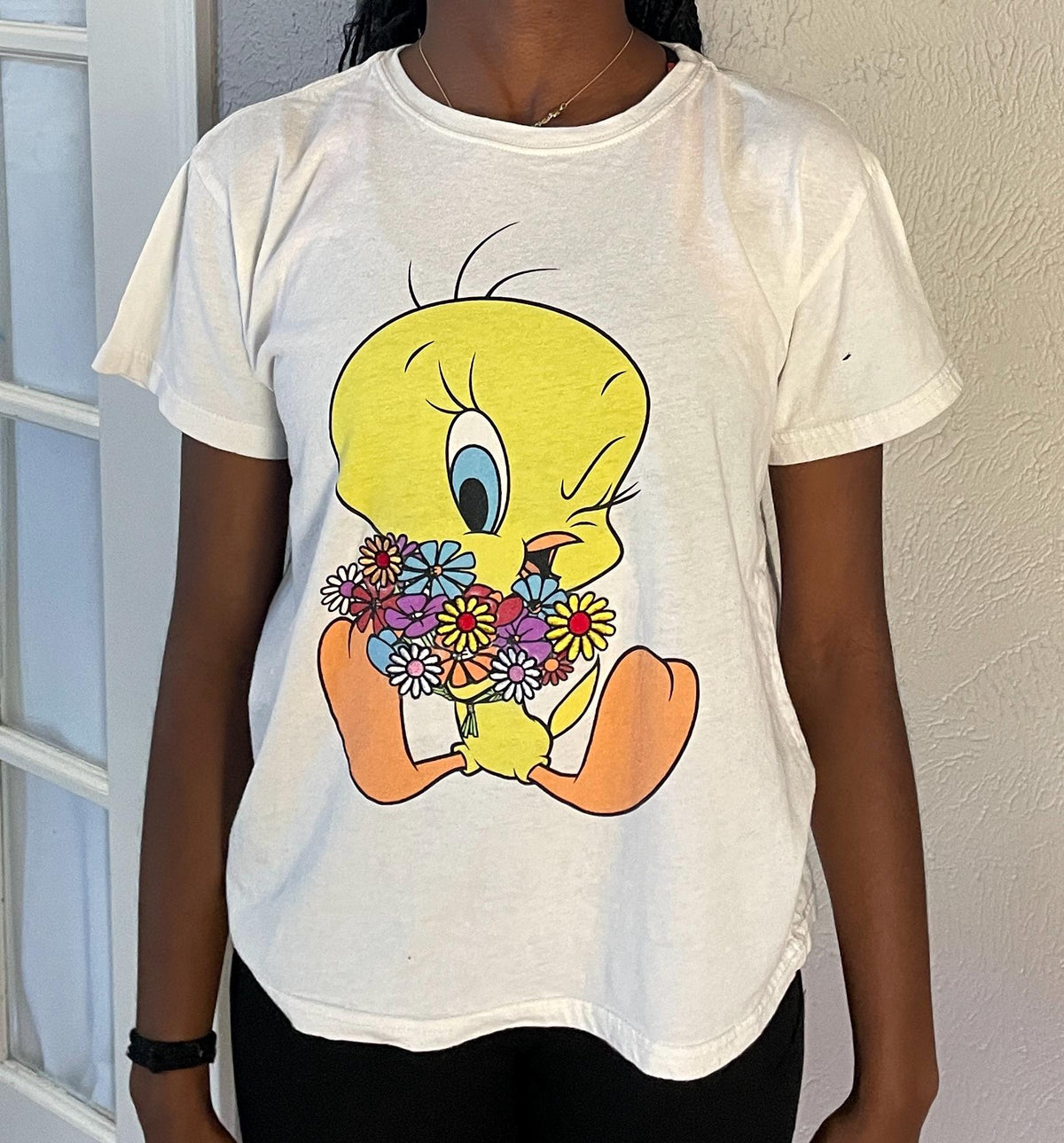 Vintage 90s Looney Tunes Tweety white Tshirt modeled size M Graphic Tee – Feel-Good Design · Must-Have Style