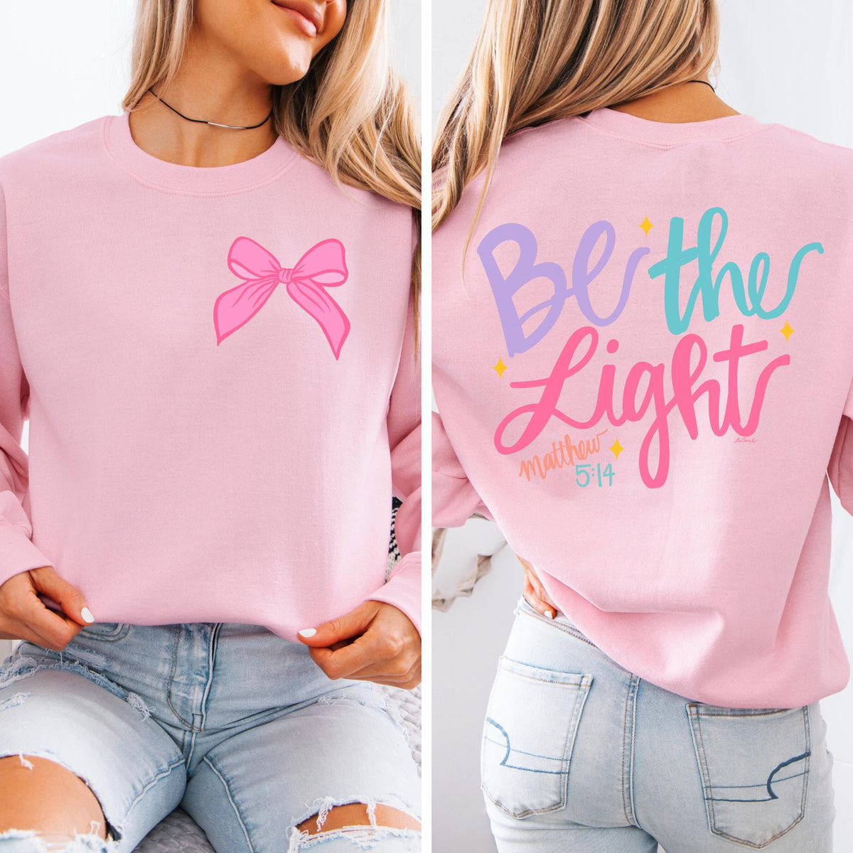 Be The Light Sweatshirt Religious Sweatshirt Back and Front Print Christian Aesthetic Christian Apparel Faith Based Gift Christian Merch Sweatshirt – Cozy Vibes · High-Quality Print
