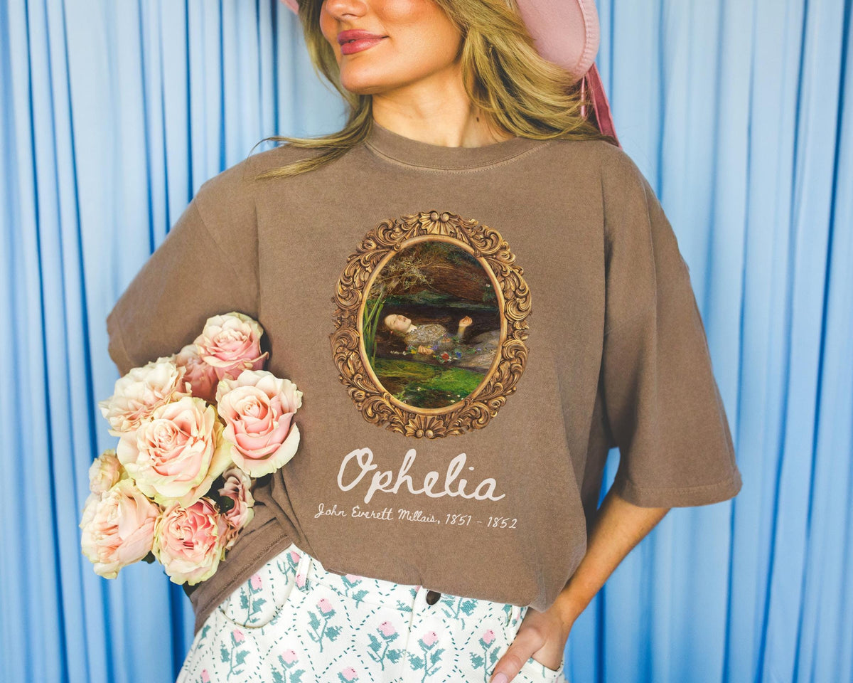 Ophelia by John Everett Millais European Art History Tee Shirt Boho Framed Art TShirt Humanities Major PreRaphaelite Famous Painting Graphic Tee – Warm & Stylish · Great Gift For Fans