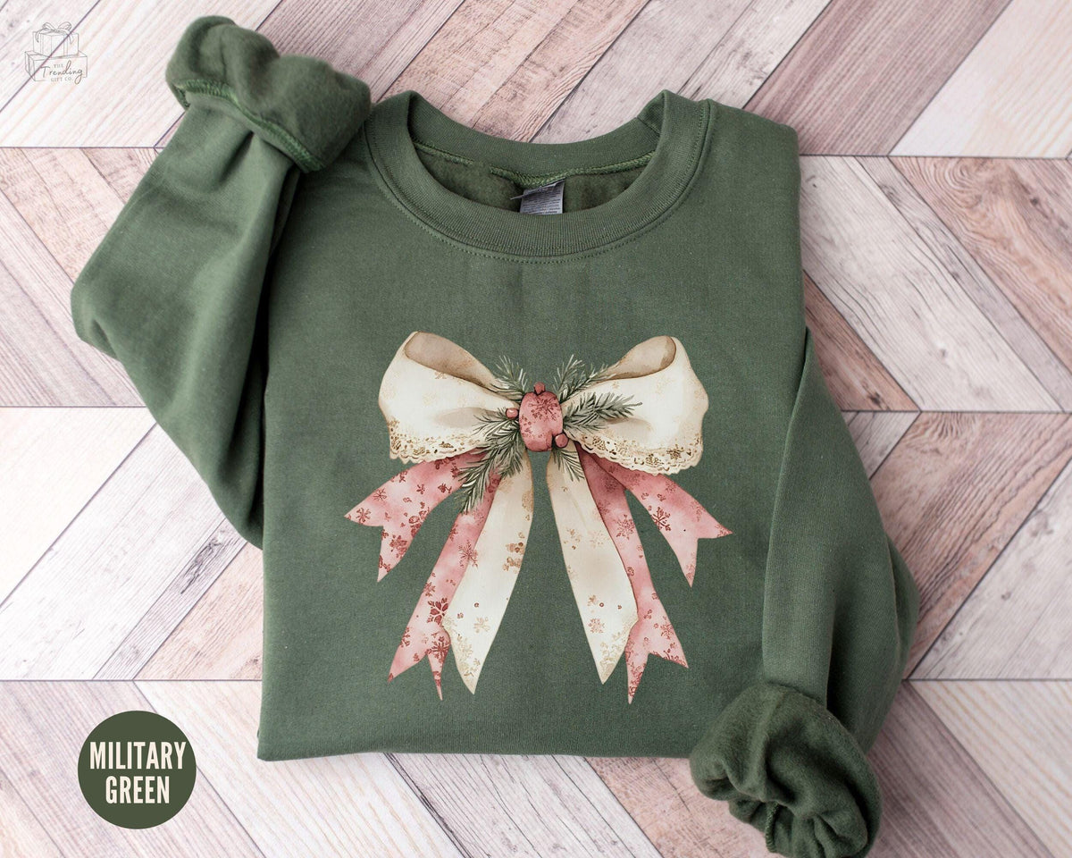 Toile De Jouy Christmas Bow Sweatshirt Toile Pink Bow Christmas Sweater Coquette Christmas Gift for Her Girly Holiday Crewneck Sweatshirt – Premium Graphic · Great Gift For Fans