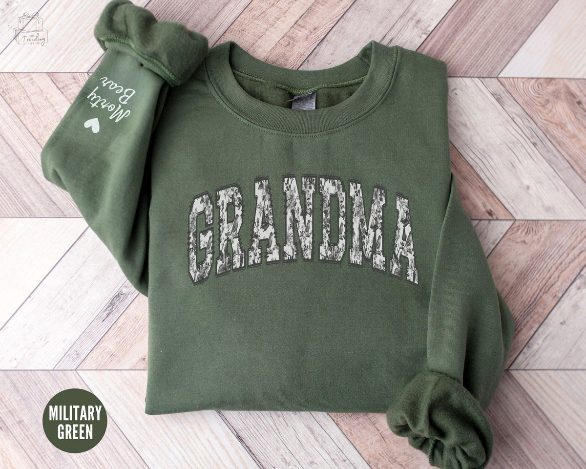 Toile De Jouy Personalized Grandma Sweatshirt with Kids Names On Sleeve Floral Granny Sweater Grandmother Gift Custom Grandma Crewneck Sweatshirt – Soft Feel · High-Quality Print