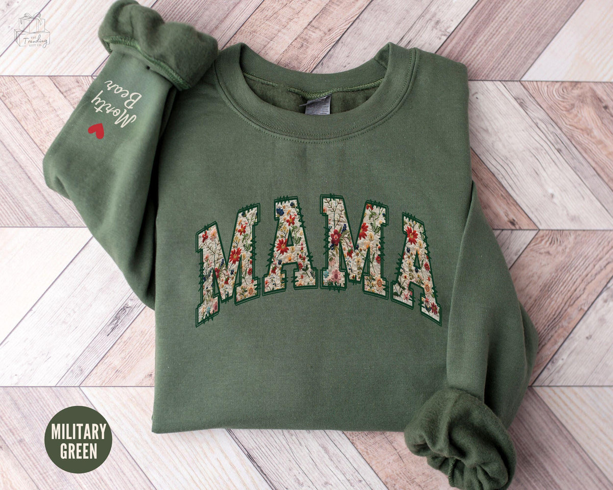 Custom Floral Mama Sweatshirt With kids Names On Sleeve Wildflower Mom Crewneck Personalized Mama Sweater New Mom Gift from Kids Sweatshirt – Fan Favorite · Trending Graphic Apparel