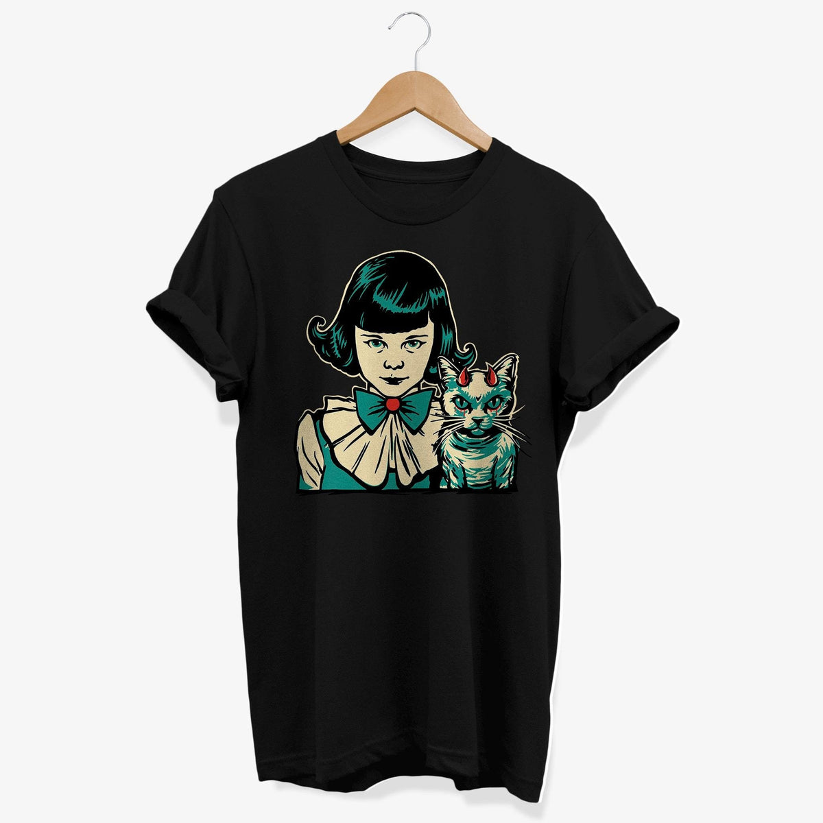 Gothic Girl with Devilish Cat T shirt Creepy Cute Evil Cat Graphic Tee Goth Style Clothing Graphic Tee – Premium Graphic · Top Pick For Any Outfit