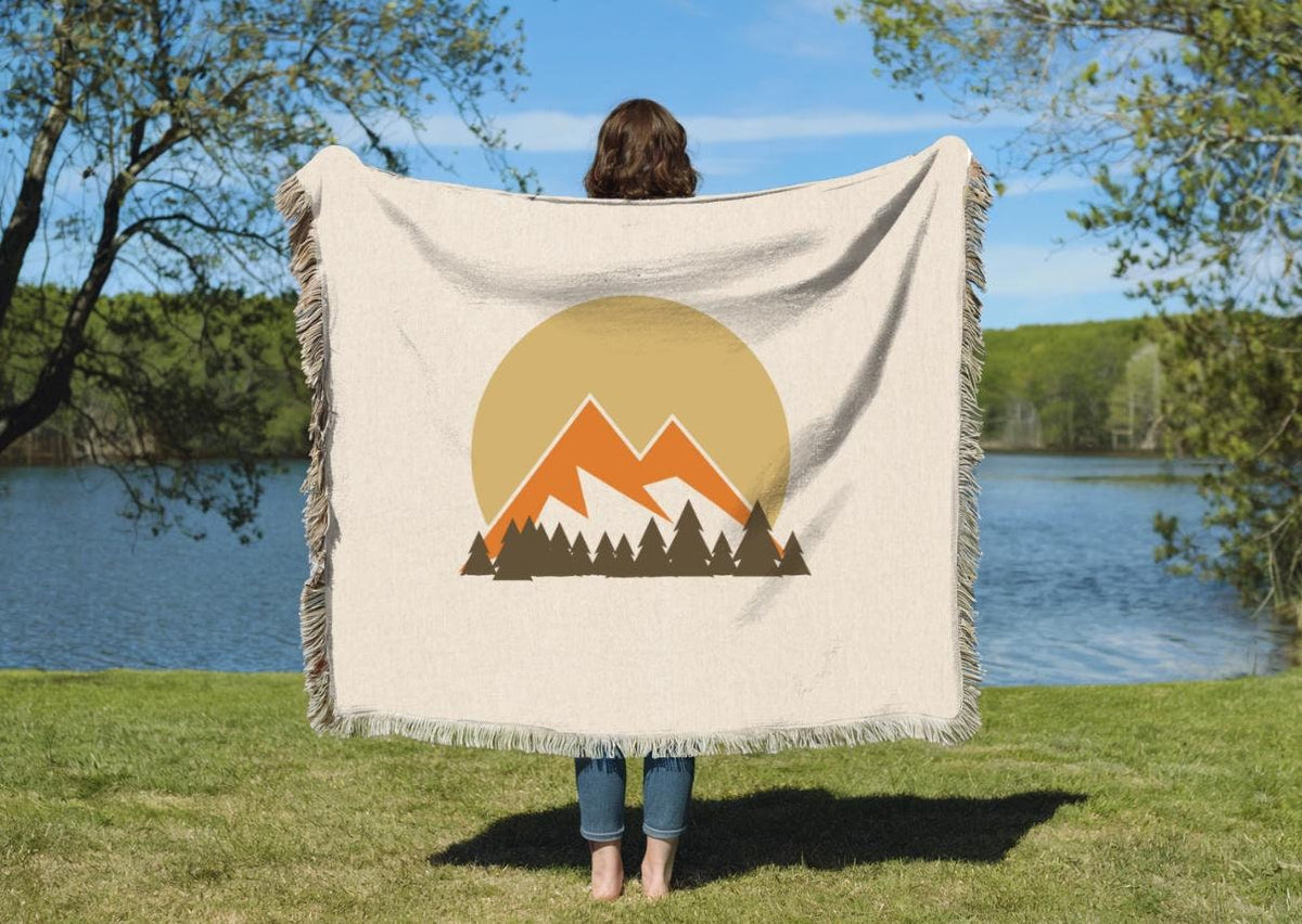 Sun Mountain Forest Woven Blanket Scenic Nature Throw Blanket Rustic Cotton Blanket with Fringe Cozy Outdoor Decor Camping Blanket Graphic Tee – Everyday Comfort · Trending Graphic Apparel