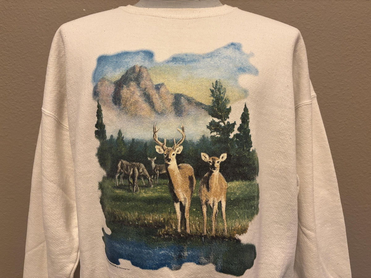 Vintage 90s Deer in Forest and Mountains Crewneck Sweatshirt XL Sweatshirt – Soft Feel · Perfect For Daily Wear