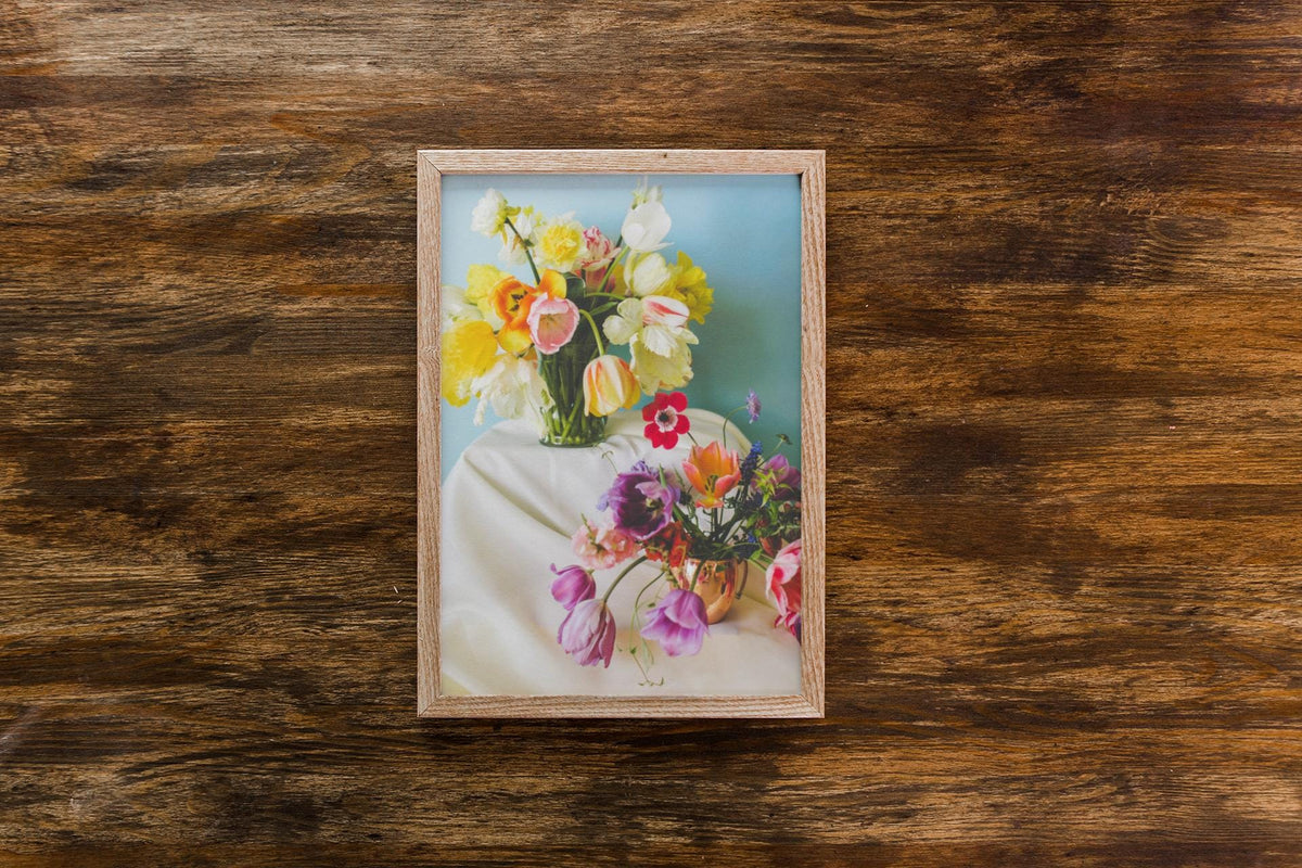 Colorful Tulip and Anemone Flower Photograph with Daffodils and Blue Backdrop Messy Spring Bouquet Poster Print for Garden Lover or Florist Graphic Tee – Premium Graphic · Must-Have Style