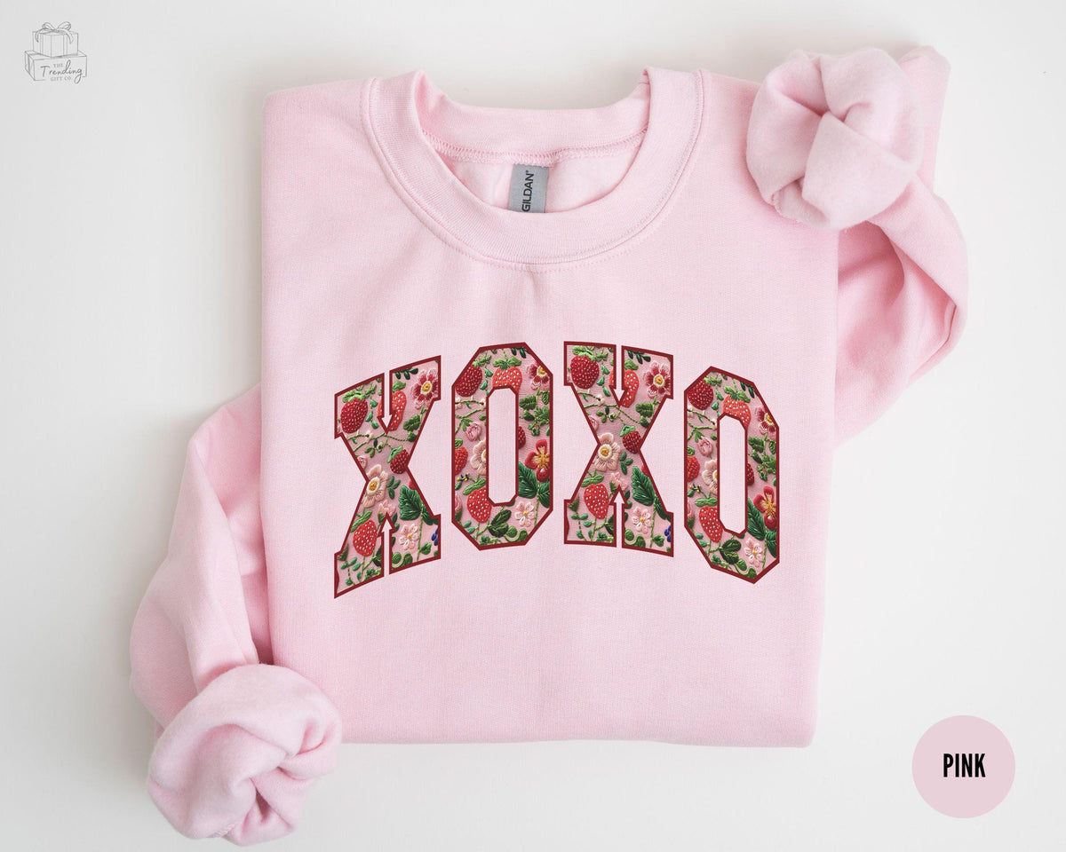 XOXO Strawberry Sweatshirt Valentines Day Sweater Valentine Shirt for Teacher Galentines Day Gifts For Girlfriend Love Pink Crewneck Sweatshirt – Cozy Vibes · Trending Graphic Apparel