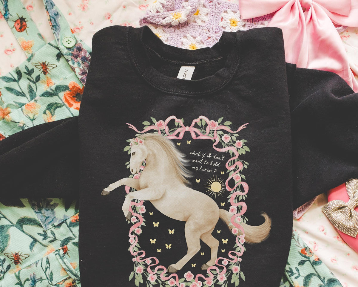 Funny Horse Lover Sweatshirt for Feminist Boho Women39s Rights Crewneck Animal Lover Butterfly Lover 90s Aesthetic White Horse in Flowers Sweatshirt – Bold Style · Great Gift For Fans