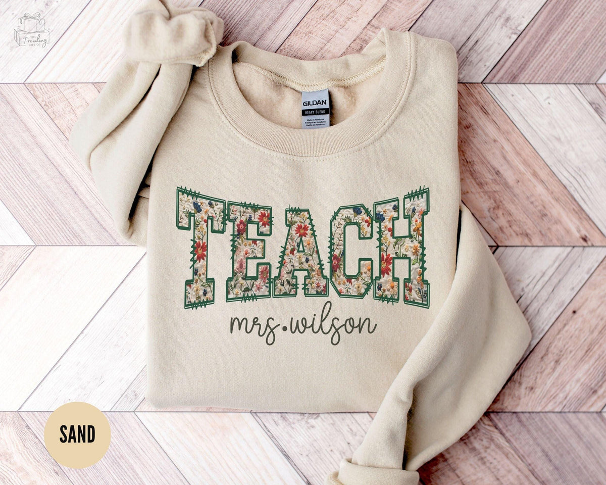 Custom Floral Teacher Sweatshirt Mrs Teacher Name Shirt Cute Teacher Crewneck Wildflower Teacher Sweater Personalized Teacher Gift Sweatshirt – Premium Graphic · Top Pick For Any Outfit