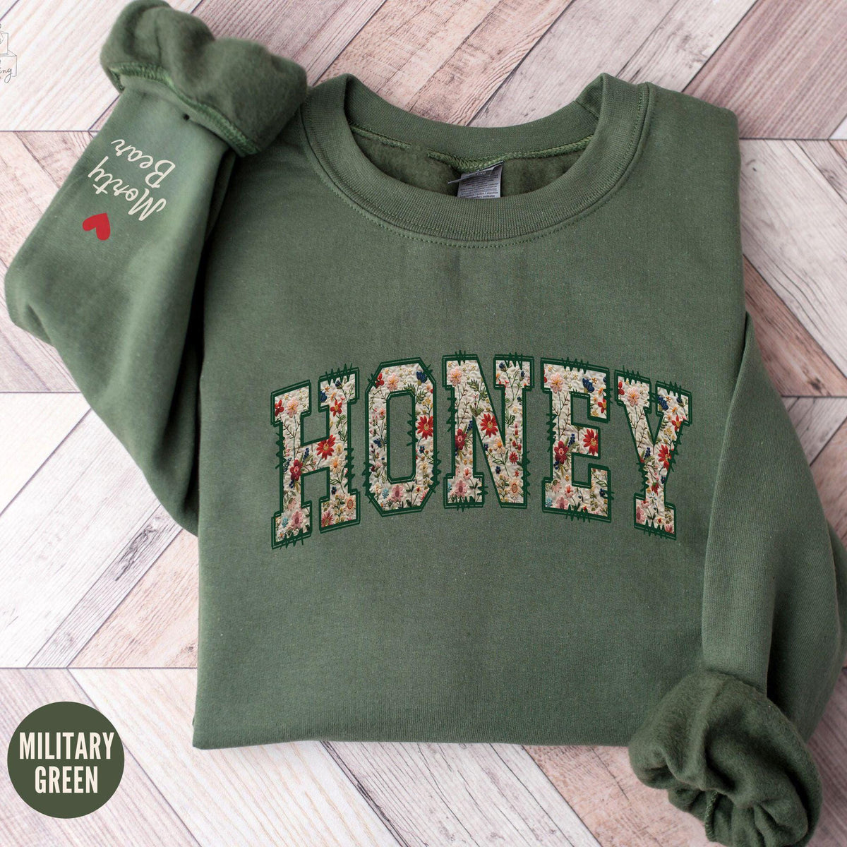 Custom Floral Honey Sweatshirt Personalized Grandma Crewneck with Kids Names on Sleeve Honey Gifts Honey Christmas Sweater Sweatshirt – Premium Graphic · Great Gift For Fans