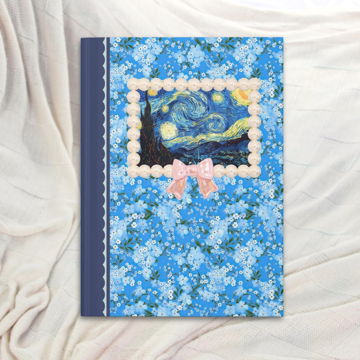 Vincent Van Gogh The Starry Night in Cute Pearl Frame with Coquette Bow 19th Century European Post Impressionist Artist Hardcover Notebook Graphic Tee – Aesthetic Look · Great Gift For Fans