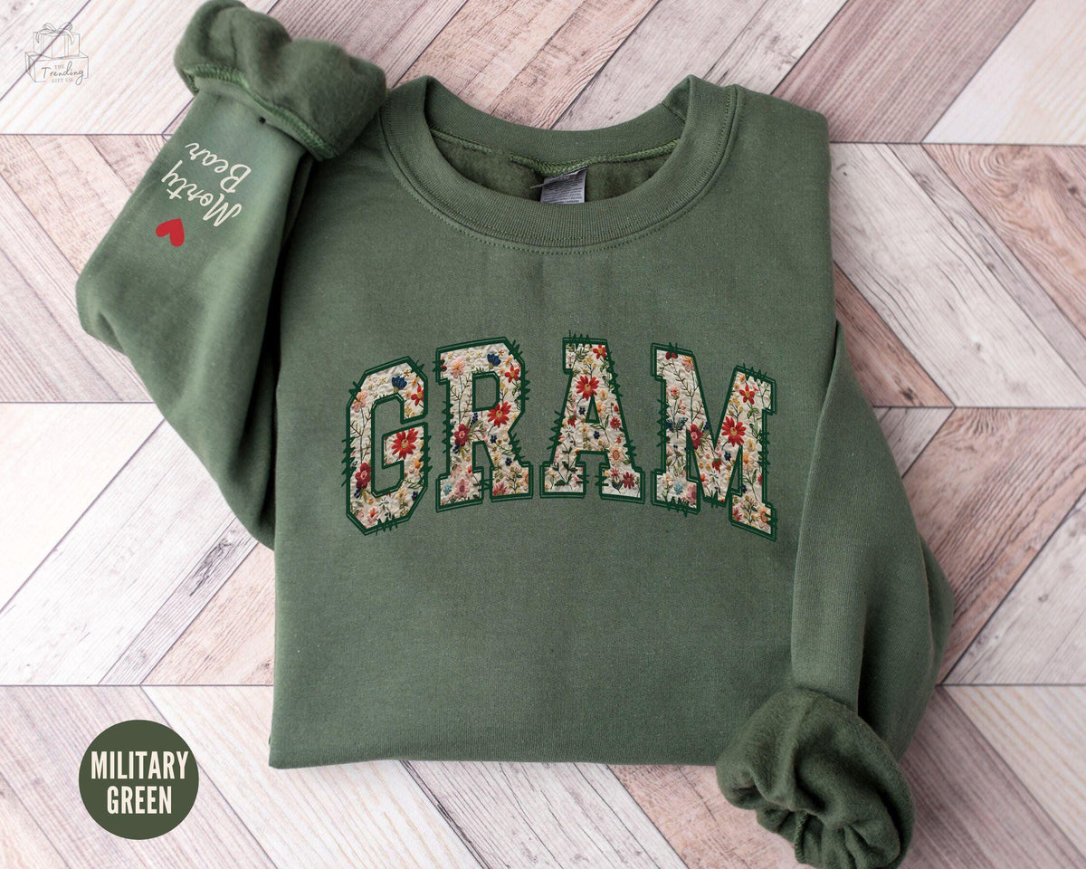 Custom Gram Sweatshirt Floral Personalized Grandma GiftsGranny Crewneck with Kids Names on Sleeve Granny Sweater Grandmother Shirt Sweatshirt – Fan Favorite · Great Gift For Fans