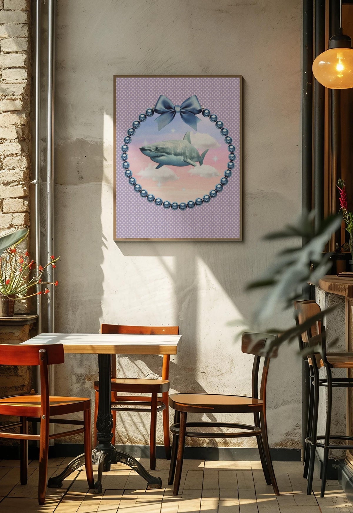 Silly Shark Lover Poster Print with Cute Bow and Pearls Weirdcore Dreamcore Animal Lover Print for Sister Ocean Animal Gift with Clouds Graphic Tee – Aesthetic Look · High-Quality Print