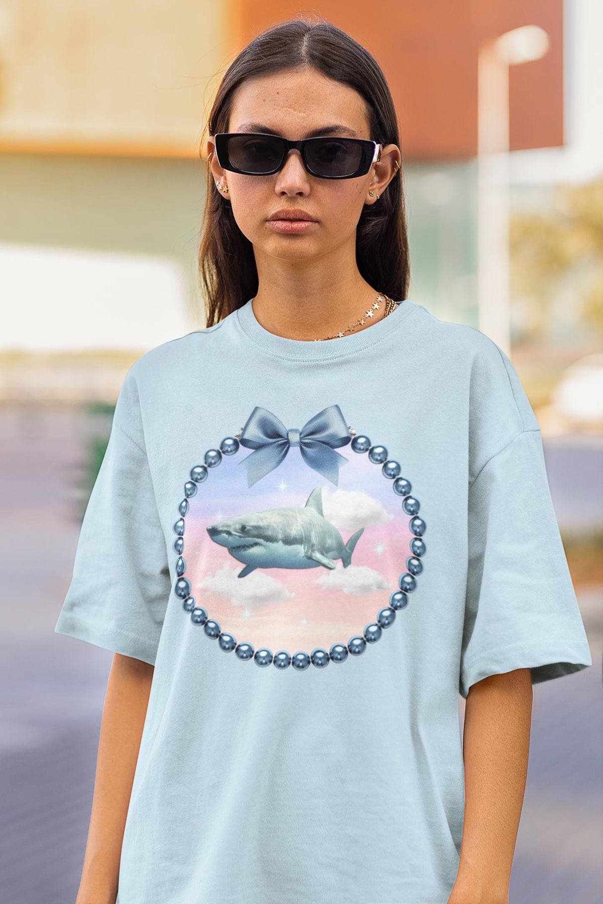 Silly Shark Lover Tee Shirt with Cute Bow and Pearl Frame Weirdcore Dreamcore Animal Lover TShirt for Sister Ocean Animal Tee with Clouds Graphic Tee – Easygoing Wear · Great Gift For Fans