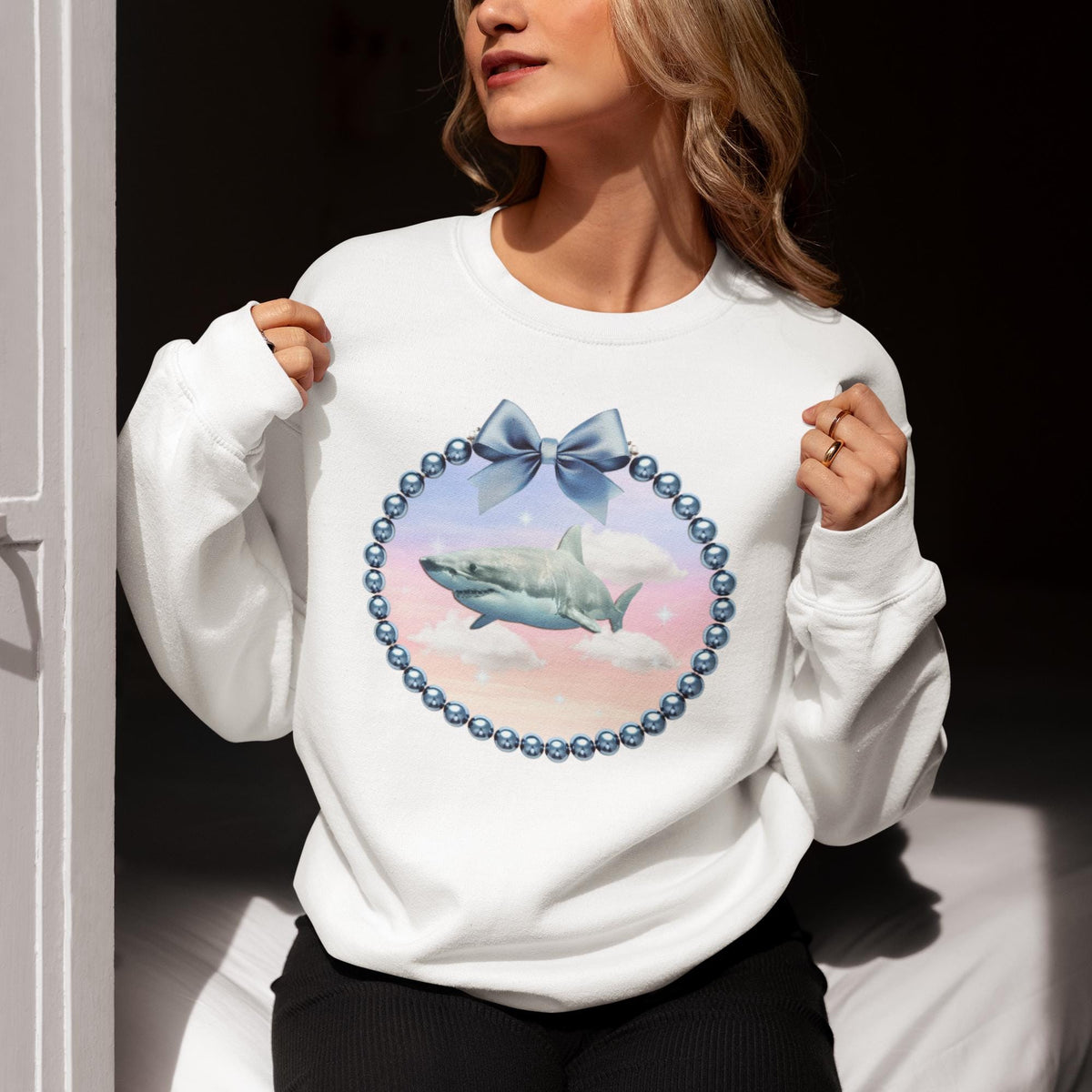 Silly Shark Lover Sweatshirt Cute Bow and Pearl Frame Weirdcore Dreamcore Animal Lover Crewneck for Sister Ocean Animal Gift with Clouds Sweatshirt – Soft Feel · Trending Graphic Apparel
