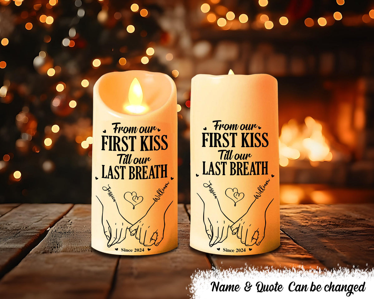 Custom Couple Wedding Anniversary Led Light Candle From Our First Kiss Till Ourlastbreath Gift For Couple Christmas Gift For Husband Wife Graphic Tee – Cozy Vibes · Trending Graphic Apparel