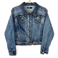 Y2K Women39s Denim Jean Trucker Jacket XL Blue Bedazzled Graphic Tee – Easygoing Wear · Must-Have Style