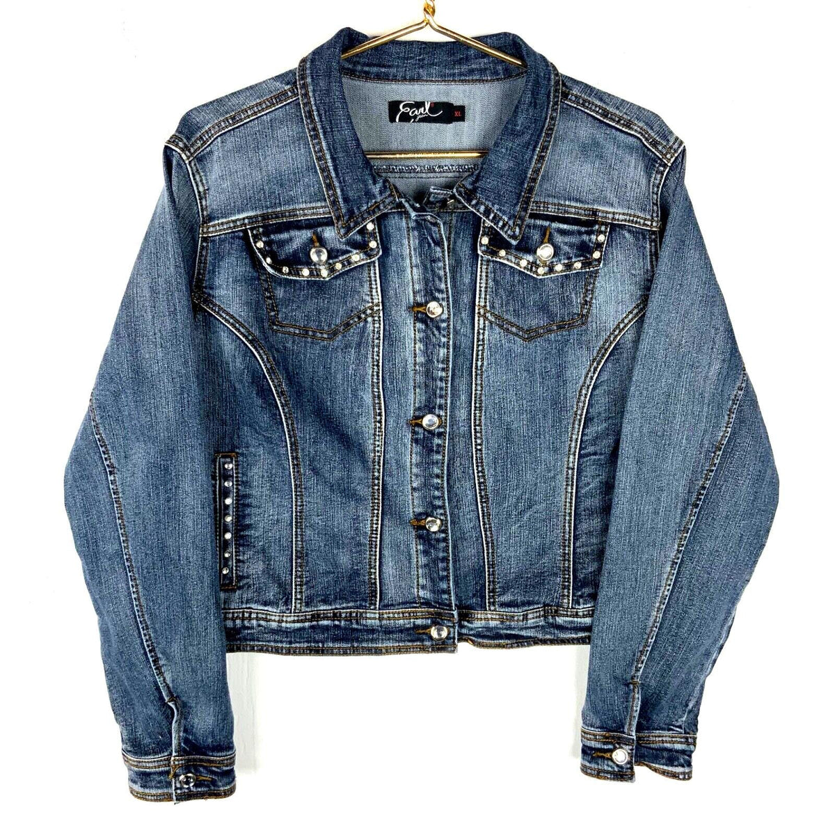Y2K Women39s Denim Jean Trucker Jacket XL Blue Bedazzled Graphic Tee – Easygoing Wear · Must-Have Style
