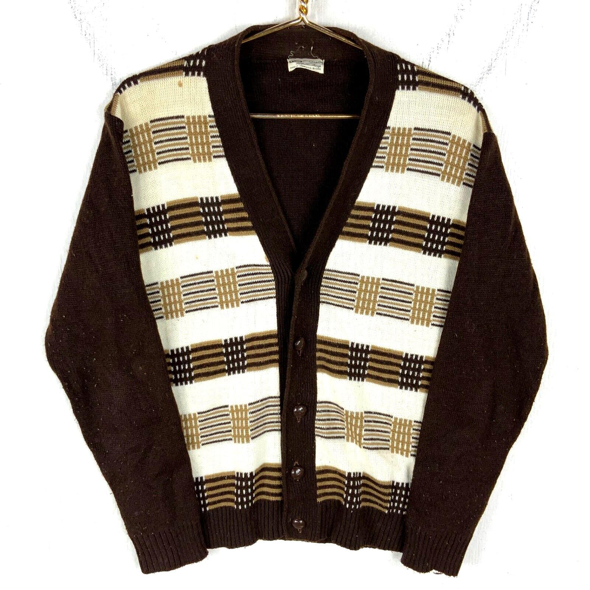 Vintage 1980s Knit Cardigan Grandpa Sweater Medium Brown Pattern 80s Graphic Tee – Bold Style · High-Quality Print