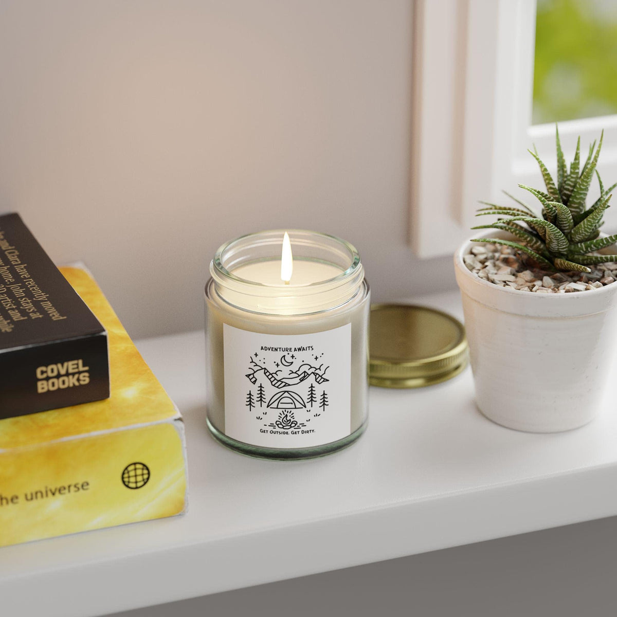 Scented Candles Coconut Apricot Wax 4oz Scented Candle with Nature Hike and Camp Scene Rustic Candle Wilderness Aromatherapy Candle Graphic Tee – Cozy Vibes · Must-Have Style