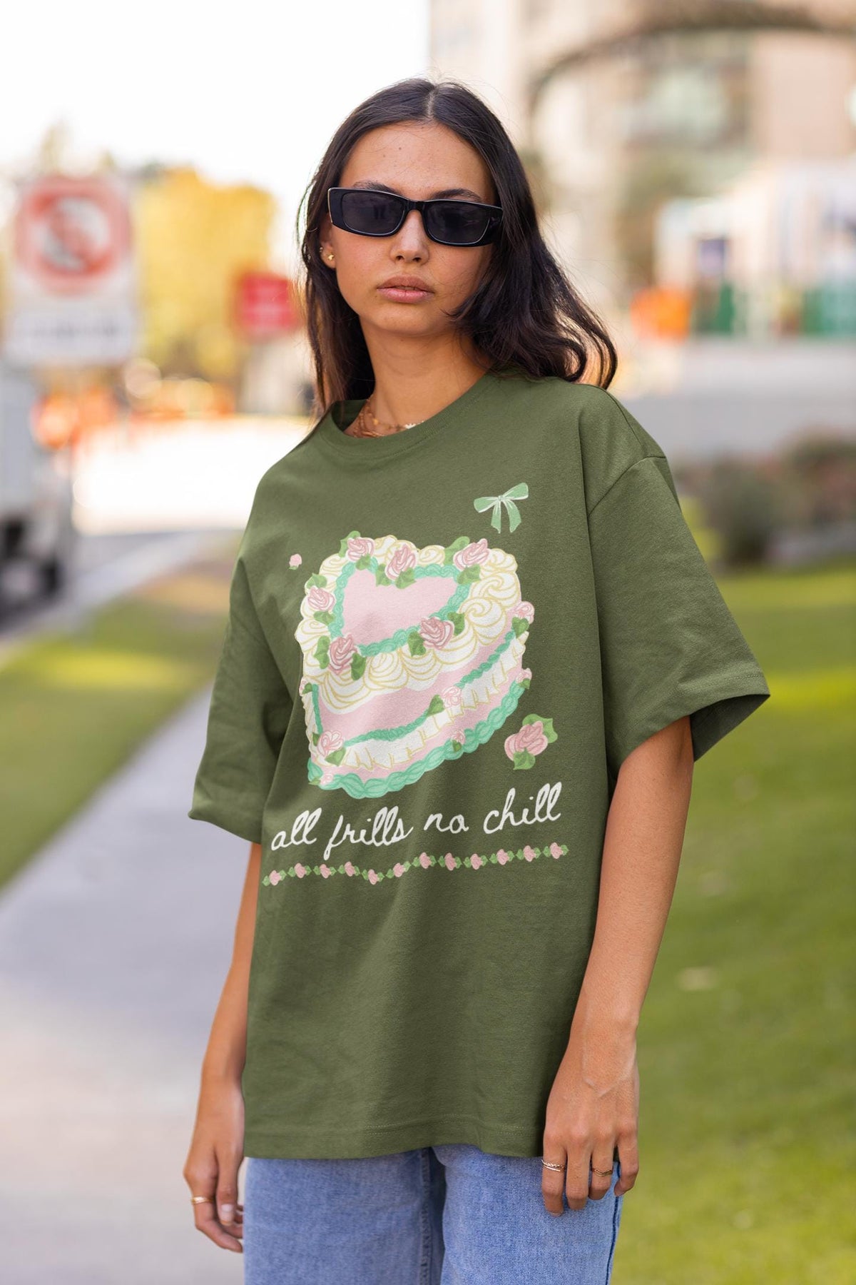 Colorful Maximalist Heart Tee Shirt for Baker All Frills No Chill Funny Saying TShirt with Girly Glam Rococo Aesthetic Heart Shaped Cake Graphic Tee – Bold Style · Must-Have Style