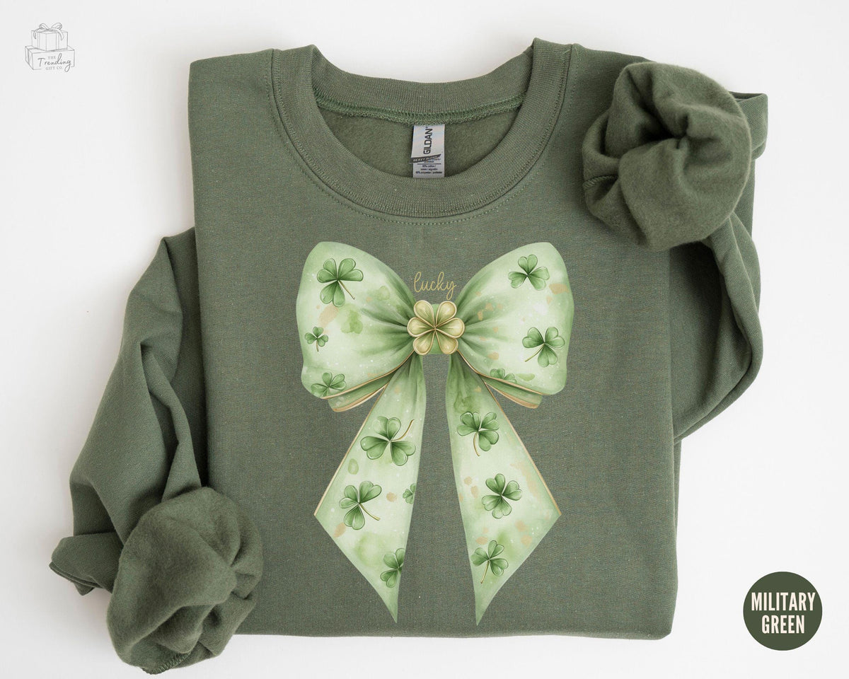 Lucky Sweatshirt St Patricks Day Coquette Bow Crewneck Cute St Patty39s Shirt Shamrock Sweater Irish Gift Four Leaf Clover Sweatshirt Sweatshirt – Everyday Comfort · Must-Have Style