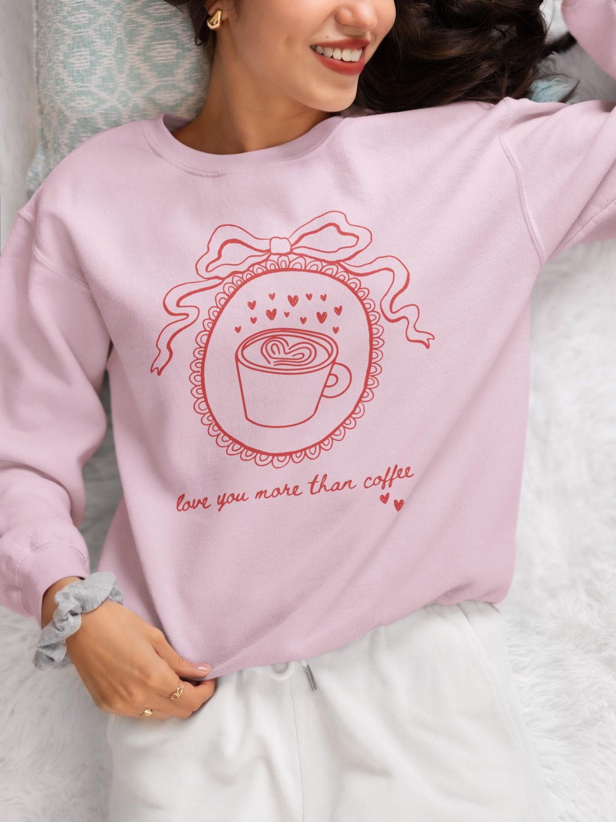 Cute Coffee Lover Sweatshirt Hearts and Bow Friend Who Loves Coffee Cozy Mother39s Day Gift for Mom Y2K Doodle Aesthetic Valentines Gift Sweatshirt – Easygoing Wear · Trending Graphic Apparel
