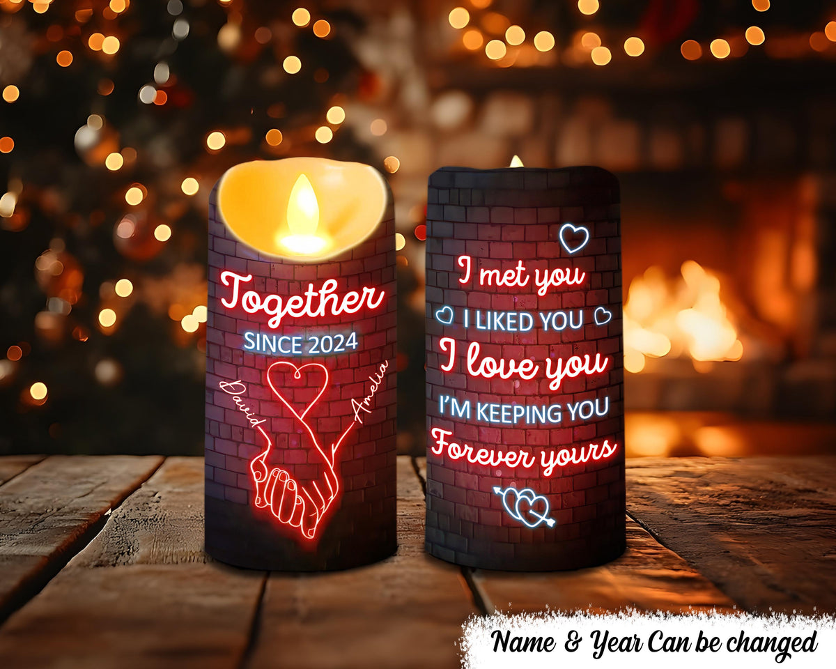 I Met You I Like You Neon Couples Personalized Flameless LED Candle Couple Wedding Anniversary GiftCouple Keepsake Candle Valentine Gift Graphic Tee – Soft Feel · Great Gift For Fans