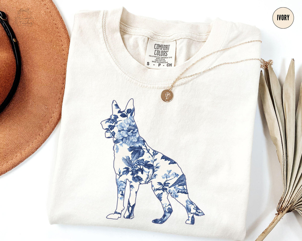Blue Floral German Shepherd Shirt GSD Mama Tshirt Gift for German Shepherd Mom Toile De Jouy German Shepherd Tee Graphic Tee – Soft Feel · Perfect For Daily Wear