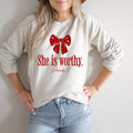 She Is Worthy Sweatshirt Proverbs 51 Shirt Bible Verse Christian Streetwear Christian Clothing Coquette Christian Red Bow Shirt Sweatshirt – Fan Favorite · High-Quality Print