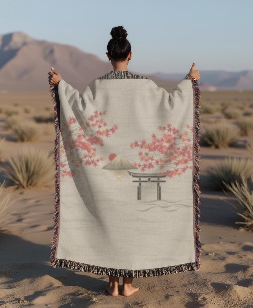 Japanese Woven Blanket Cherry Blossom Mountain Throw Torii Gate Blanket Japanese Art Cotton Throw Sakura Woven Tapestry Fringed Decor Graphic Tee – Warm & Stylish · Trending Graphic Apparel