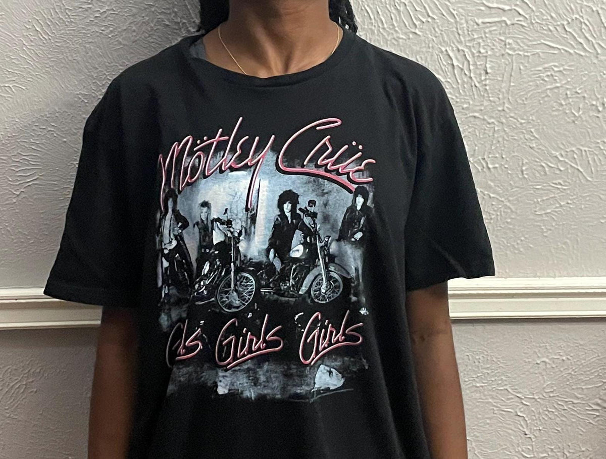 Motley Crue Girls Girls Girls Retro black Tshirt modeled size L Graphic Tee – Cozy Vibes · Trending Graphic Apparel