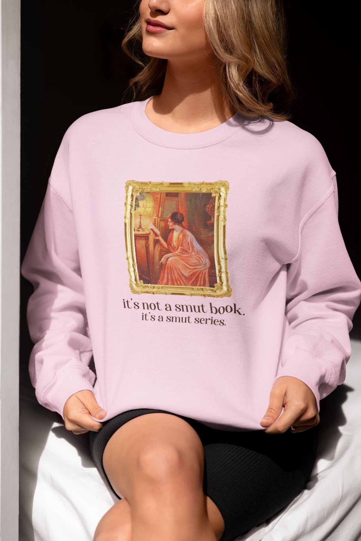 Sarcastic Romance Book Sweatshirt for Wife Who Loves Romantasy Novels Delphin Enjolras Lady Reading By Lamplight Art History Bookish Gift Sweatshirt – Aesthetic Look · Trending Graphic Apparel
