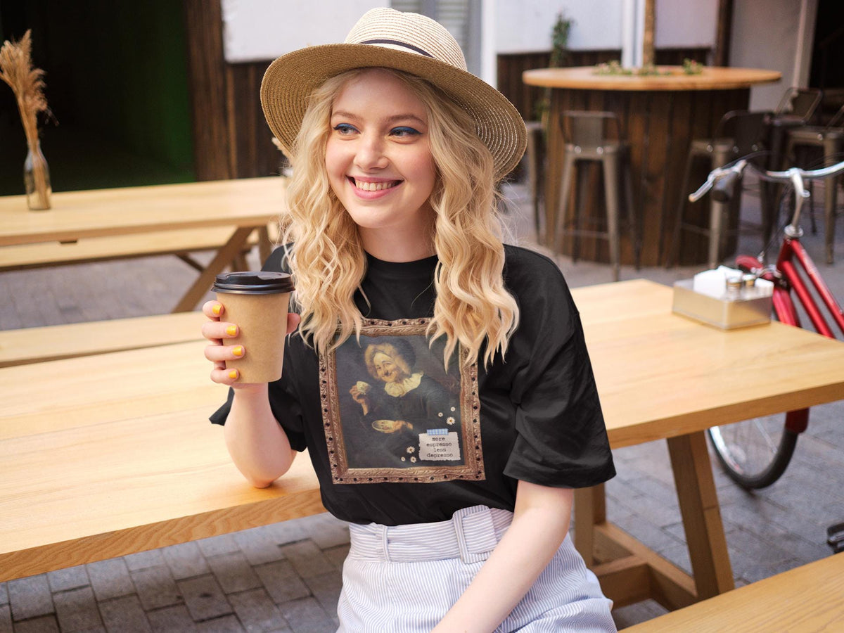 Coffee Lover Art History Tee Shirt Humanities Major More Espresso Less Depresso Ivana Kobilca 19th Century Austrian Artist Barista Gift Graphic Tee – Premium Graphic · High-Quality Print