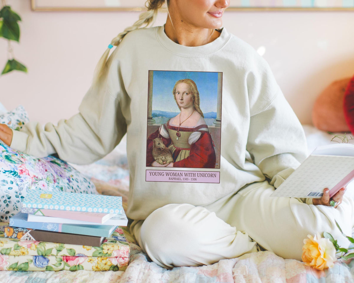 Young Woman with Unicorn by Raphael Cute Colorful Maximalist Sweatshirt for Art Professor History Teacher Social Studies Humanities Major Sweatshirt – Cozy Vibes · Perfect For Daily Wear