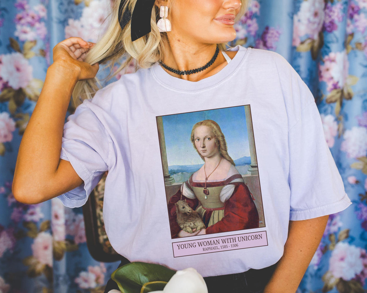 Young Woman with Unicorn by Raphael Cute Colorful Maximalist Tee Shirt for Art Professor History Teacher Social Studies Humanities Major Graphic Tee – Soft Feel · Trending Graphic Apparel